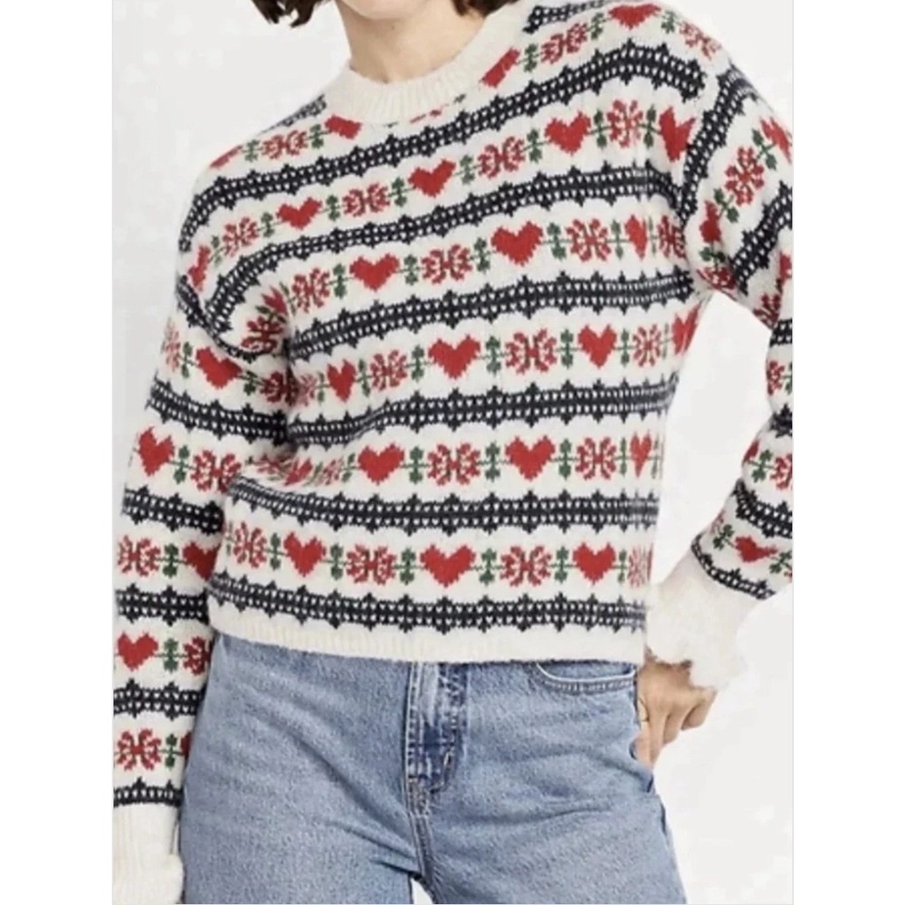 Old Navy Loose Cropped Wool Blend Fair Isle Heart Sweater Cream Red Medium